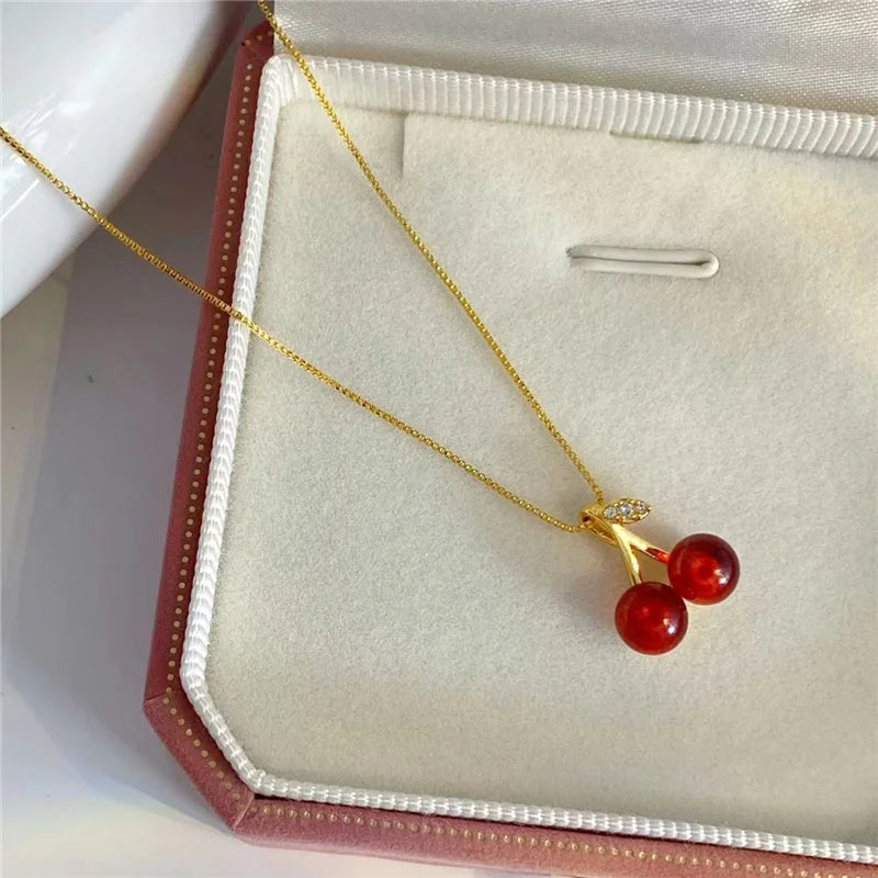 Wine Red, Cherry & Gold Pendant Necklace and Earring Set for Women – Elegant Fashion Jewelry for Weddings, Birthdays & Special Occasions