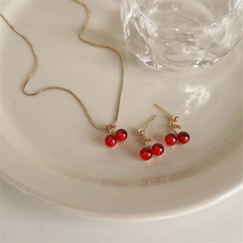 Wine Red, Cherry & Gold Pendant Necklace and Earring Set for Women – Elegant Fashion Jewelry for Weddings, Birthdays & Special Occasions